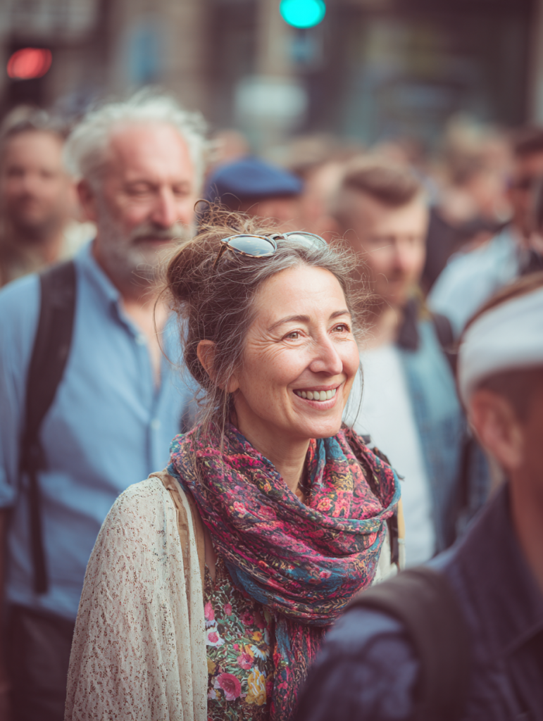 Dame dans la foule souriante