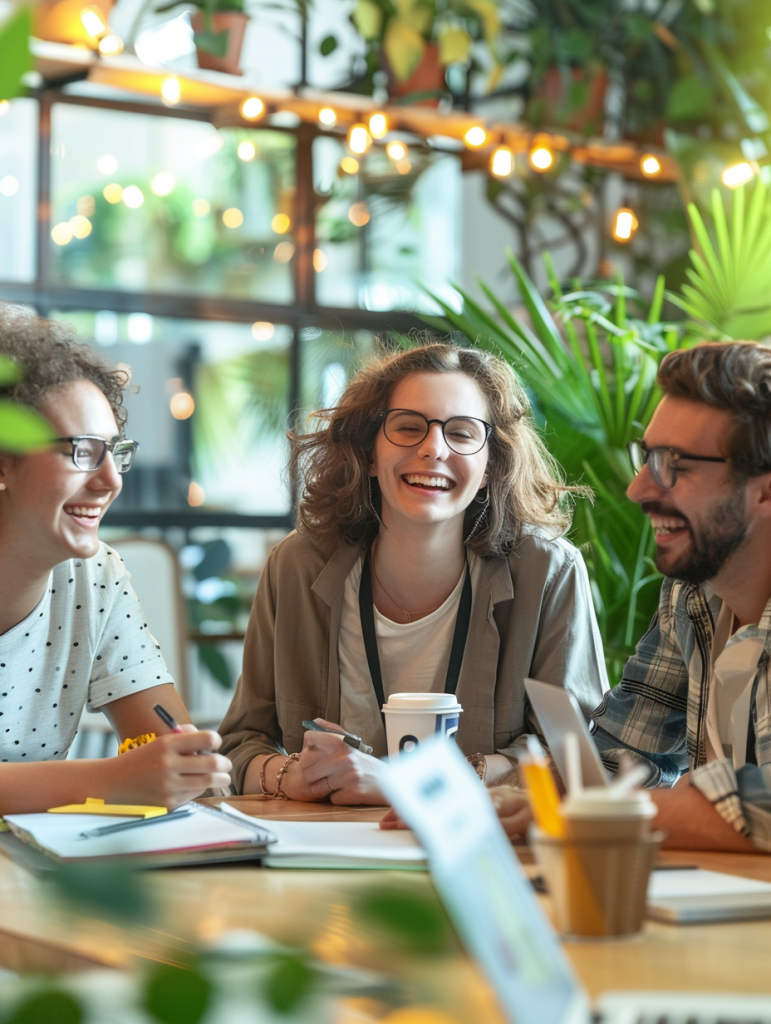 Personnes autour d'une table échangeant et souriant